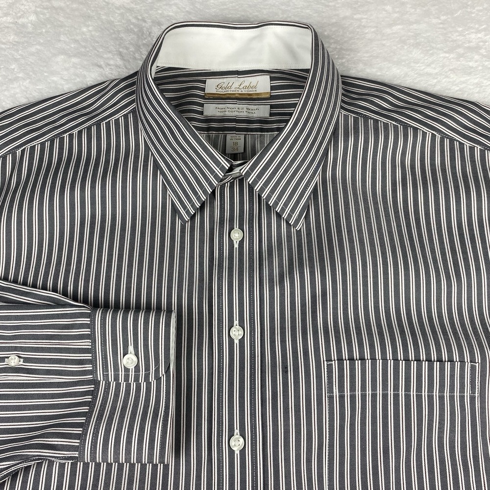 Roundtree & Yorke Gold Label Dress Shirt Mens 18-34 Gray Stripes Twill No Iron